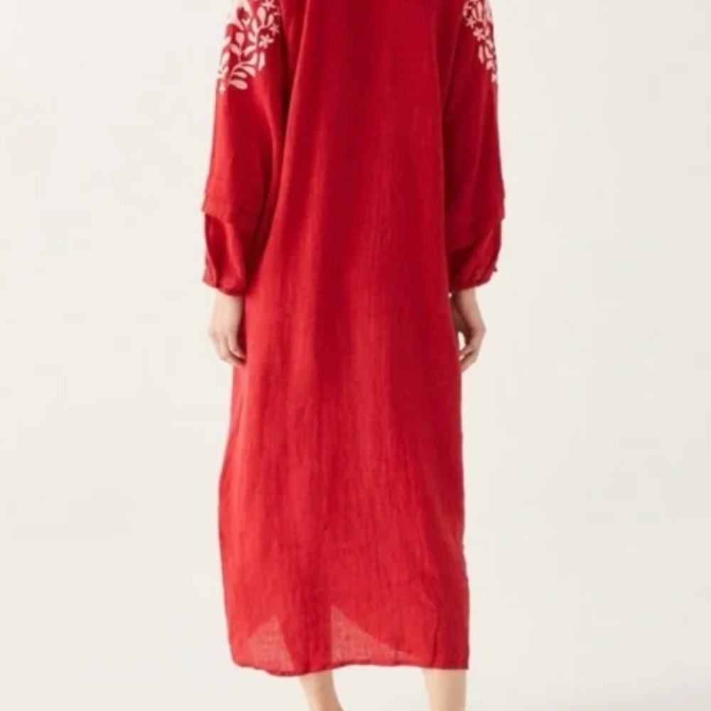 Voyageur by Mersea Red 100% Linen Palermo Embroidered Maxi Vacation Dress Size M - Picture 3 of 12